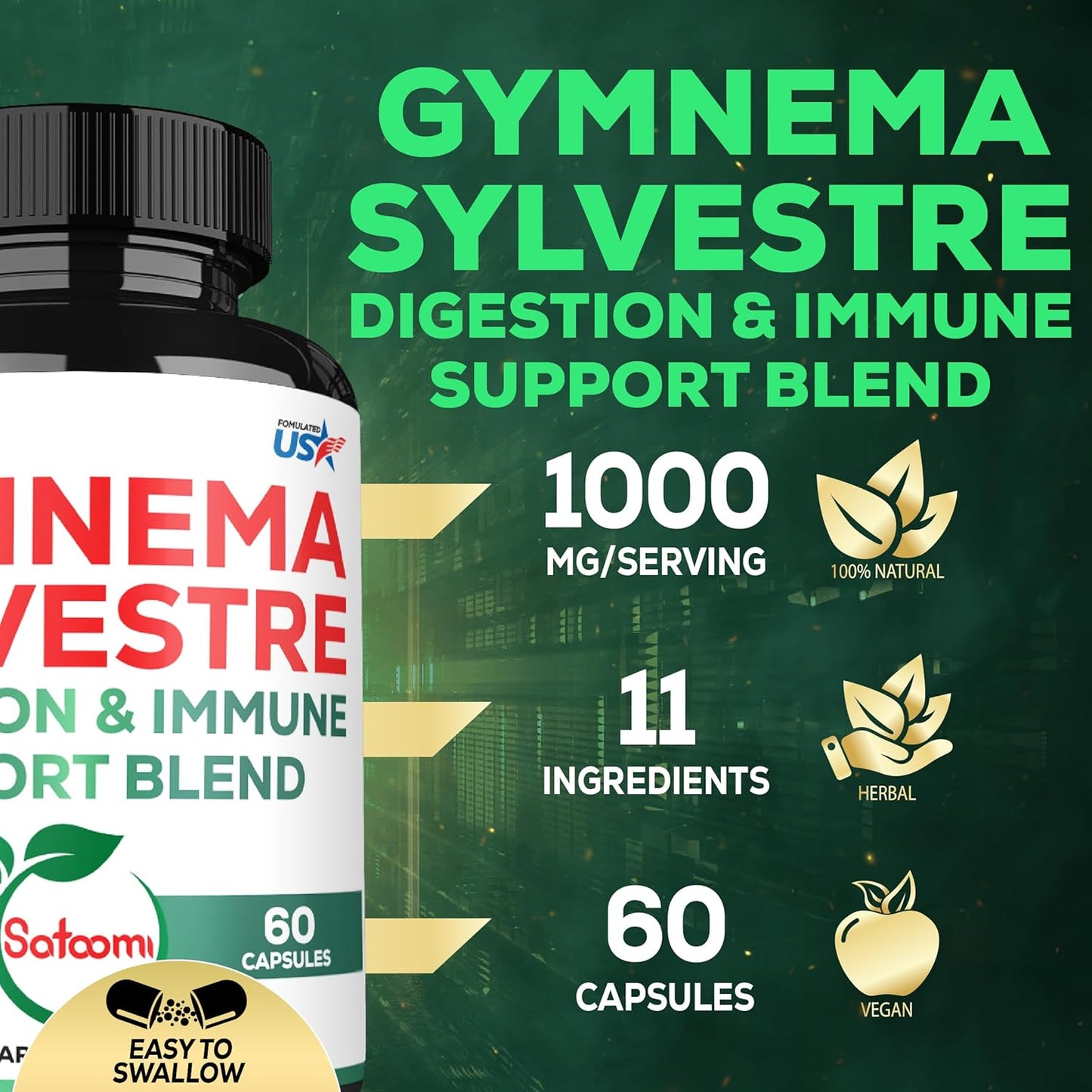 1000mg Satoomi Extract 20:1 Gymnema Sylvestre Supplements with Berberine HCl, Ceylon Cinnamon, Elderberry - Immune System & Circulatory Health Support - 60 Capsules