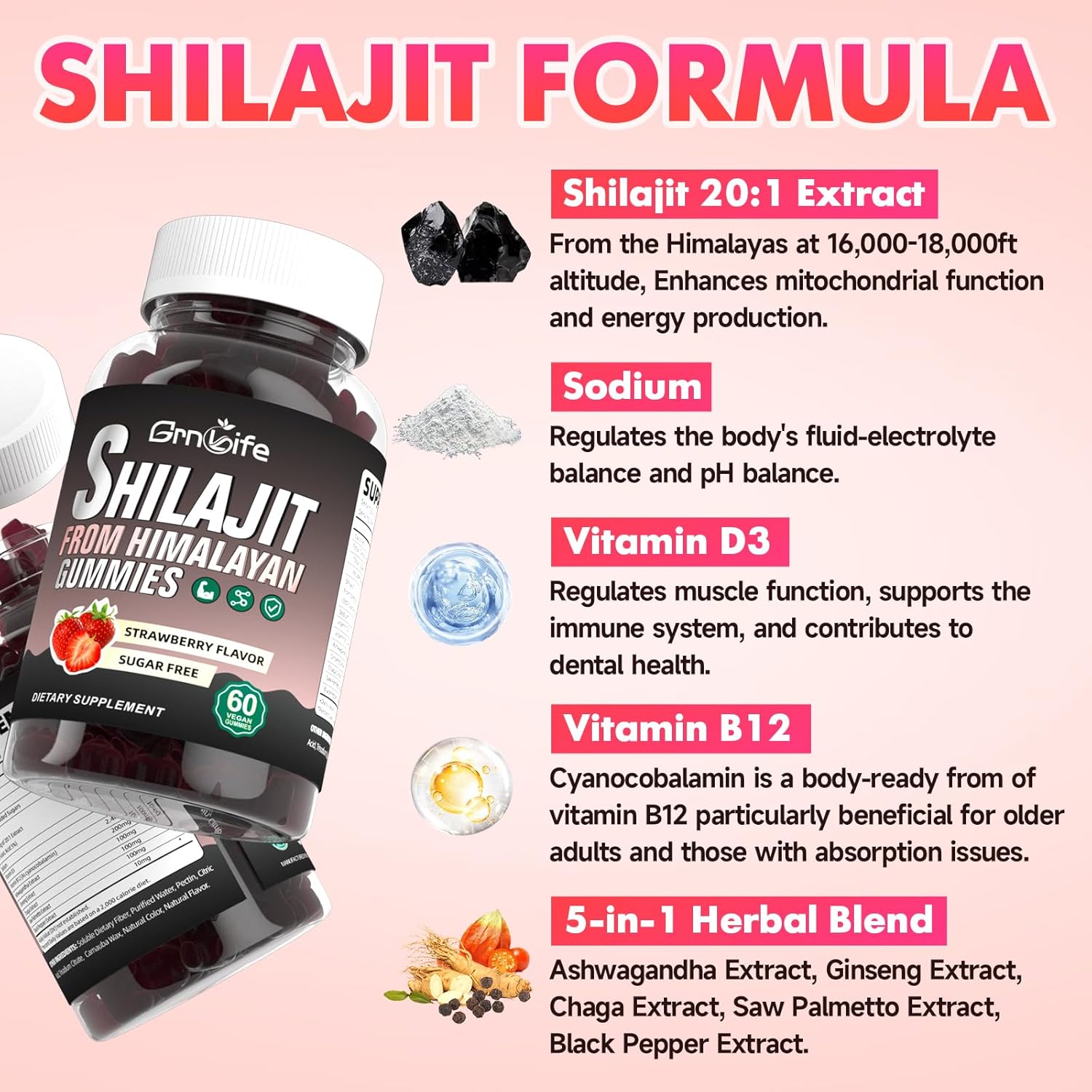 1000MG Shilajit Gummies for Energy & Immunity - Sugar-Free, Strawberry Flavor - 60 Count for Men & Women