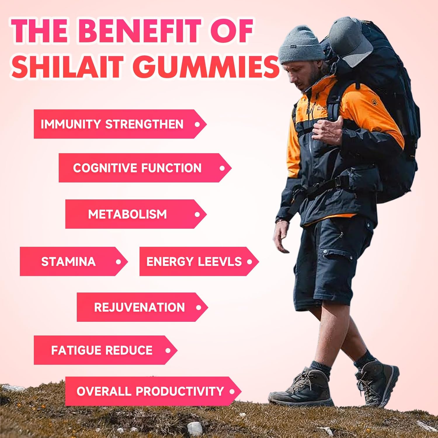 1000MG Shilajit Gummies for Energy & Immunity - Sugar-Free, Strawberry Flavor - 60 Count for Men & Women