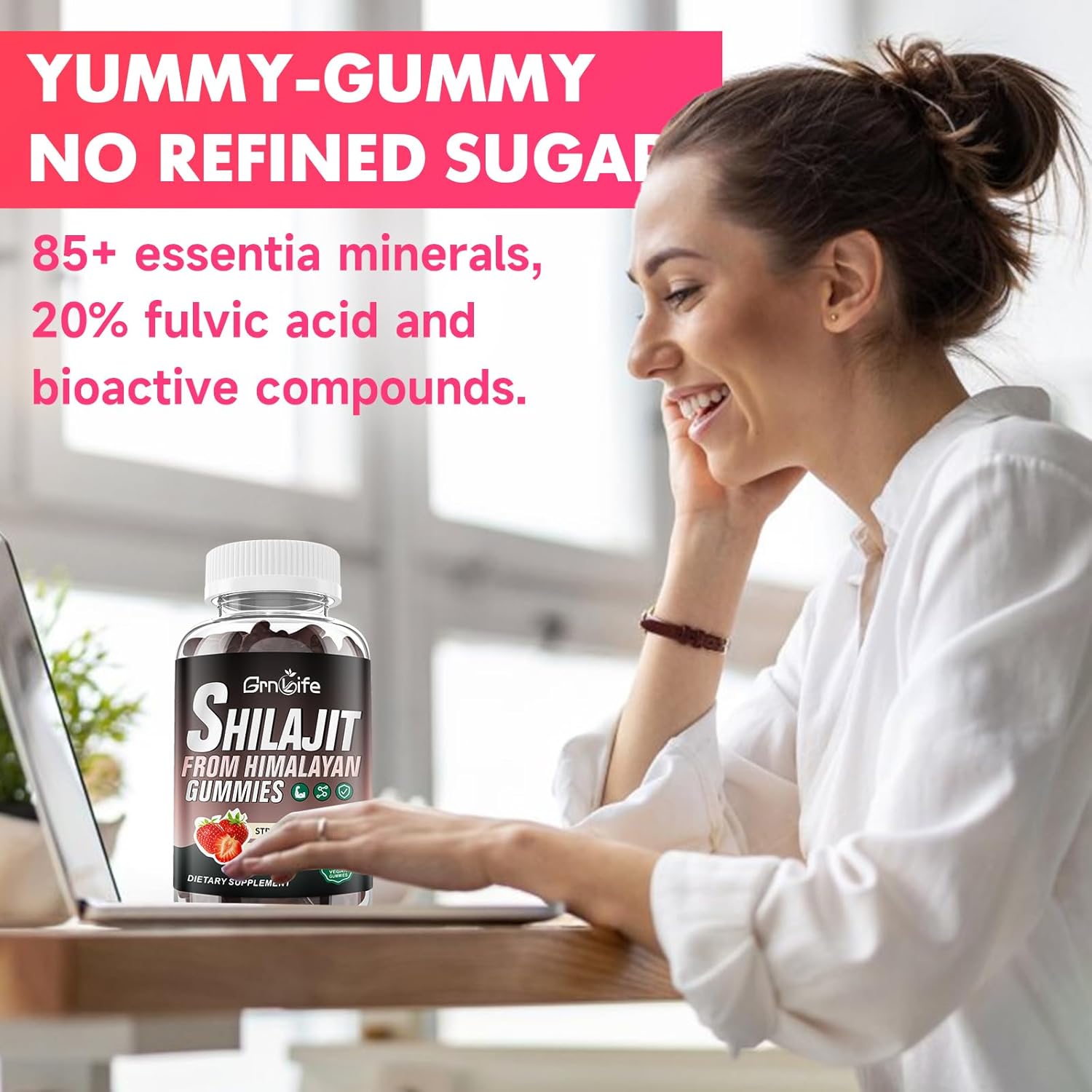 1000MG Shilajit Gummies for Energy & Immunity - Sugar-Free, Strawberry Flavor - 60 Count for Men & Women