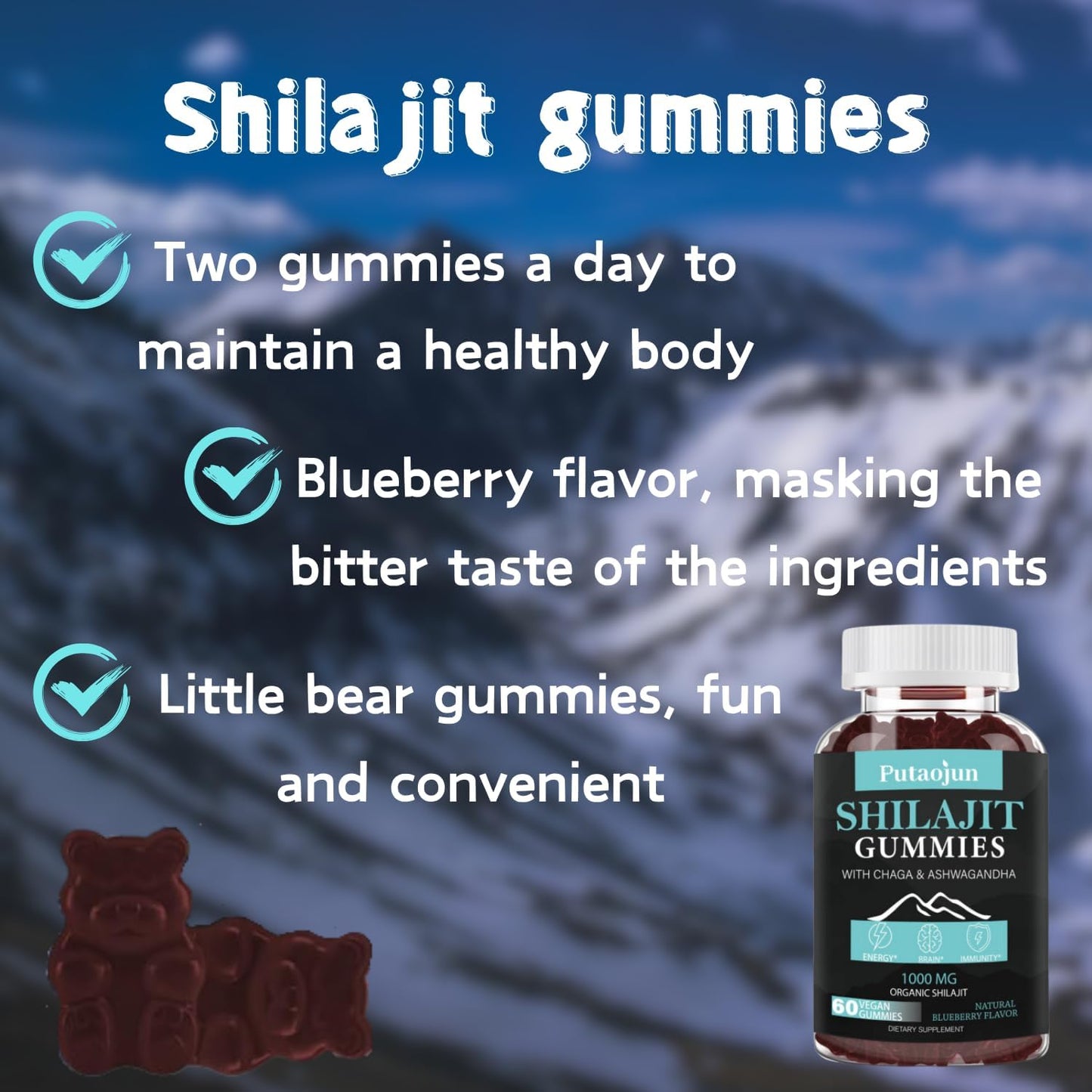 1000mg Shilajit Gummies with Ashwagandha, Chaga, Ginseng - Men, Women, Kids Supplement with Saw Palmetto & Black Seed Oil
