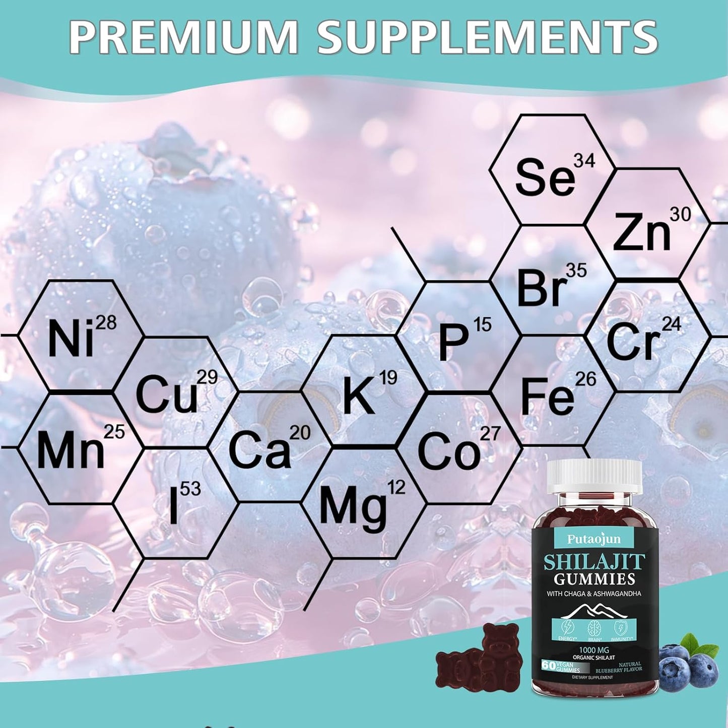 1000mg Shilajit Gummies with Ashwagandha, Chaga, Ginseng - Men, Women, Kids Supplement with Saw Palmetto & Black Seed Oil