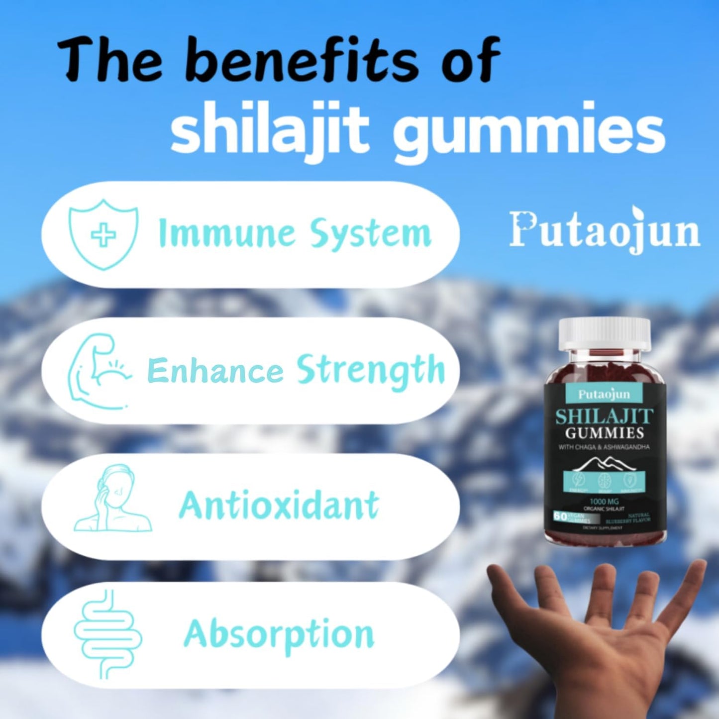1000mg Shilajit Gummies with Ashwagandha, Chaga, Ginseng - Men, Women, Kids Supplement with Saw Palmetto & Black Seed Oil