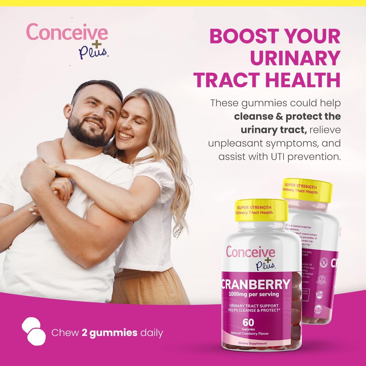 1000mg Strength Cranberry Gummy Vitamins for Urinary Health - 60 Gummies, 30 Day Supply