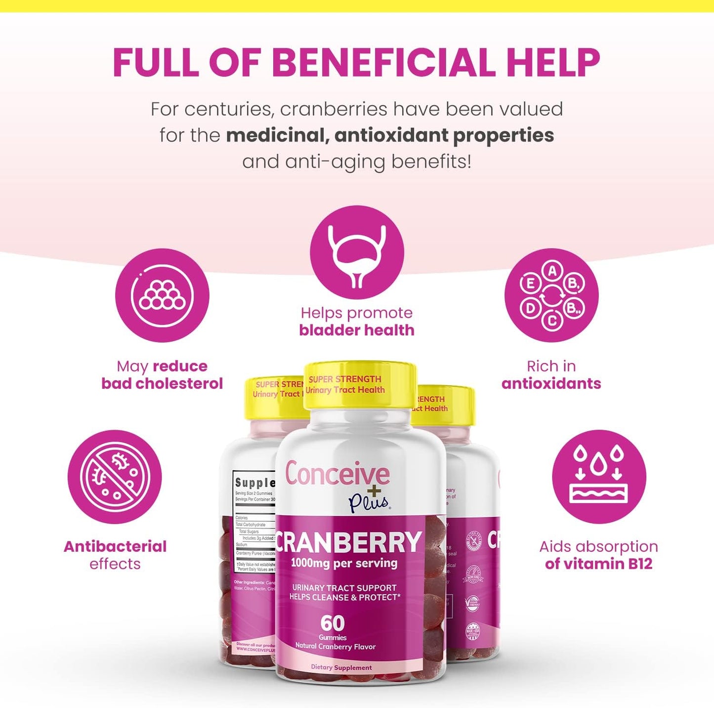 1000mg Strength Cranberry Gummy Vitamins for Urinary Health - 60 Gummies, 30 Day Supply