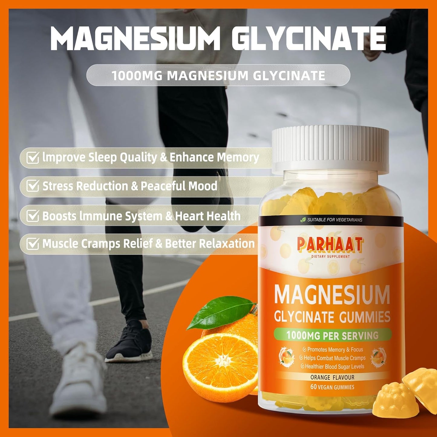 1000mg Sugar-Free Magnesium Glycinate Gummies with Vitamin D, B6, CoQ10 for Calm Mood & Sleep Support - 60 Orange Gummies - BoostGo Australia
