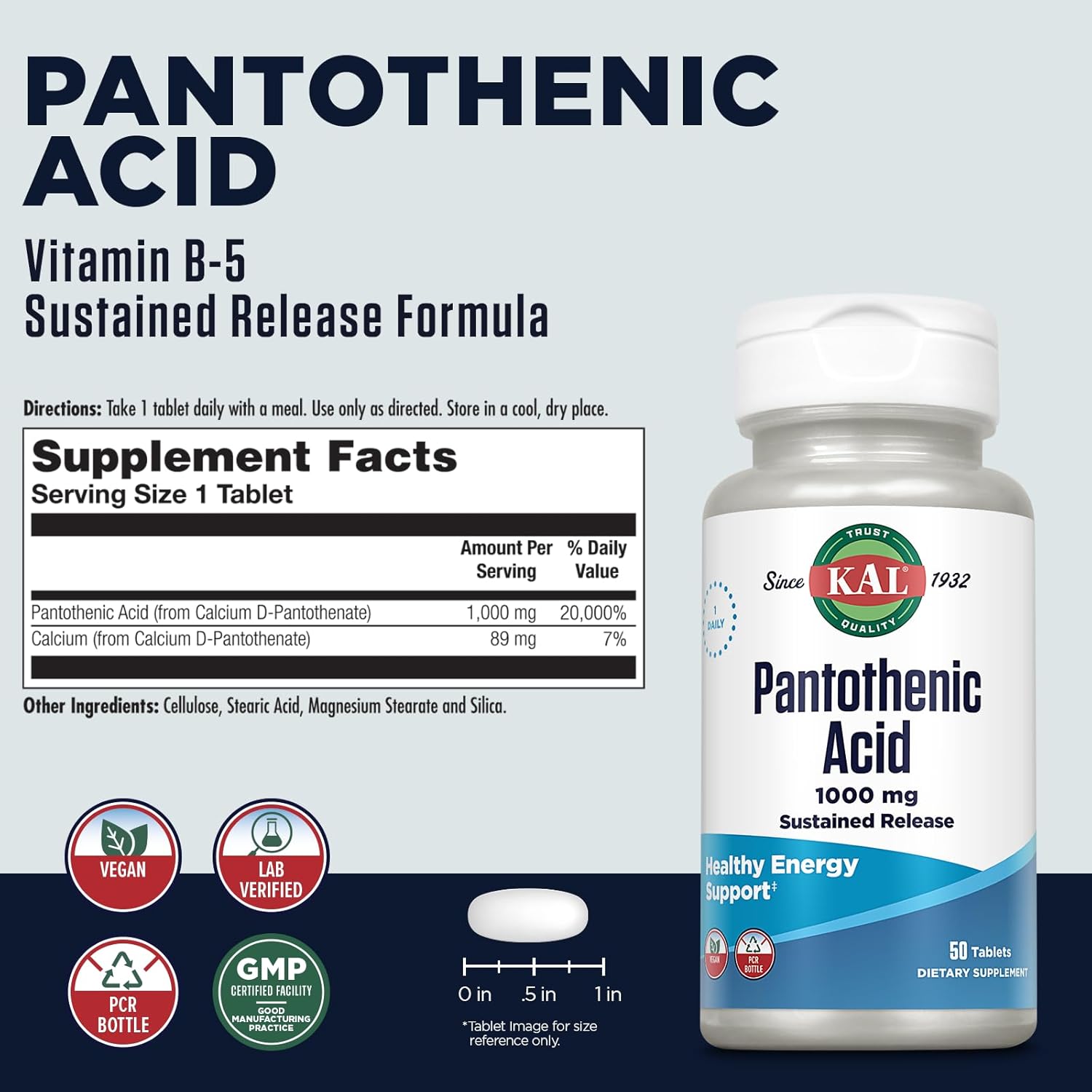 1000mg Sustained Release Pantothenic Acid - Vitamin B5 Energy Supplement for Metabolism, Hair & Skin Health - Vegan, 60-Day Guarantee - 50 Tablets