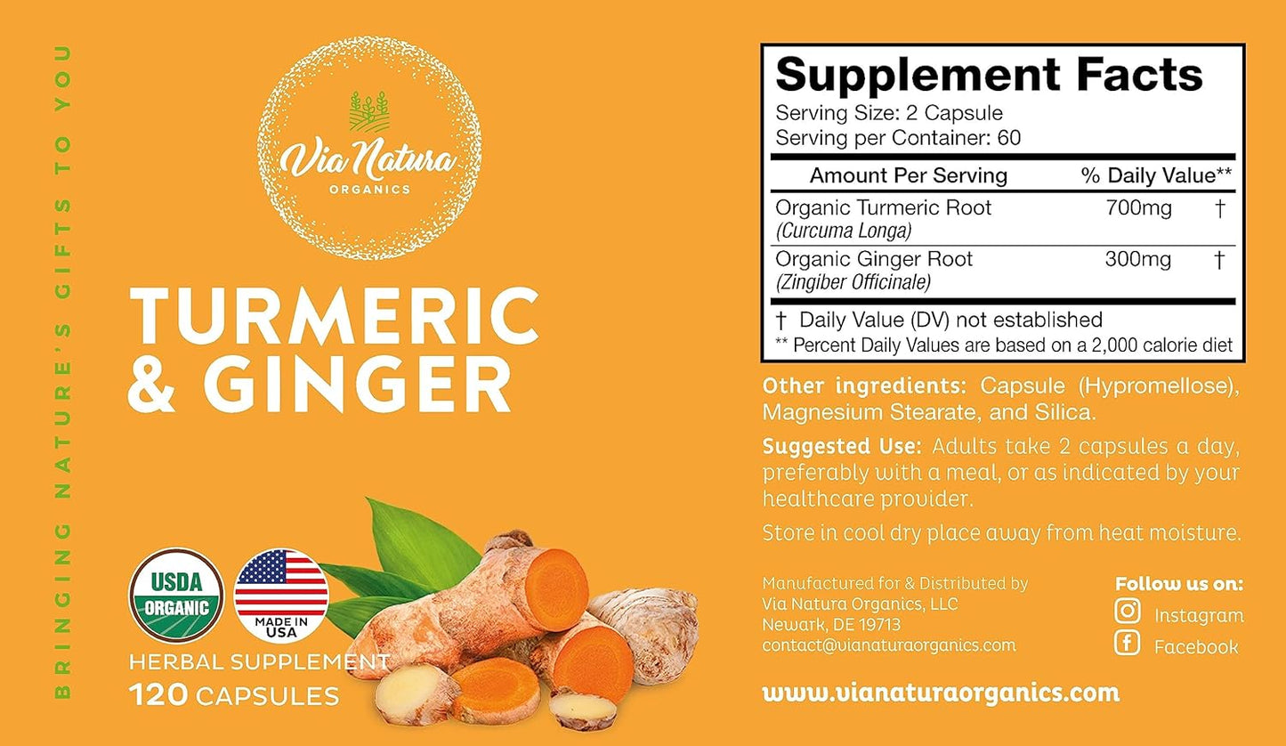 1000mg Turmeric & Ginger Capsules | 120 Organic Herbal Supplement Capsules by Via Natura Organics