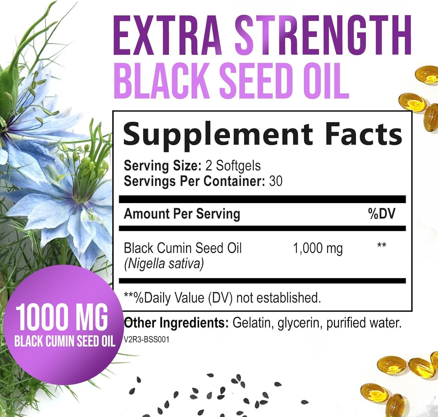 1000mg Vegan Black Seed Oil Capsules for Skin & Immune Support - Pure Nigella Sativa Extract - 60 Softgels