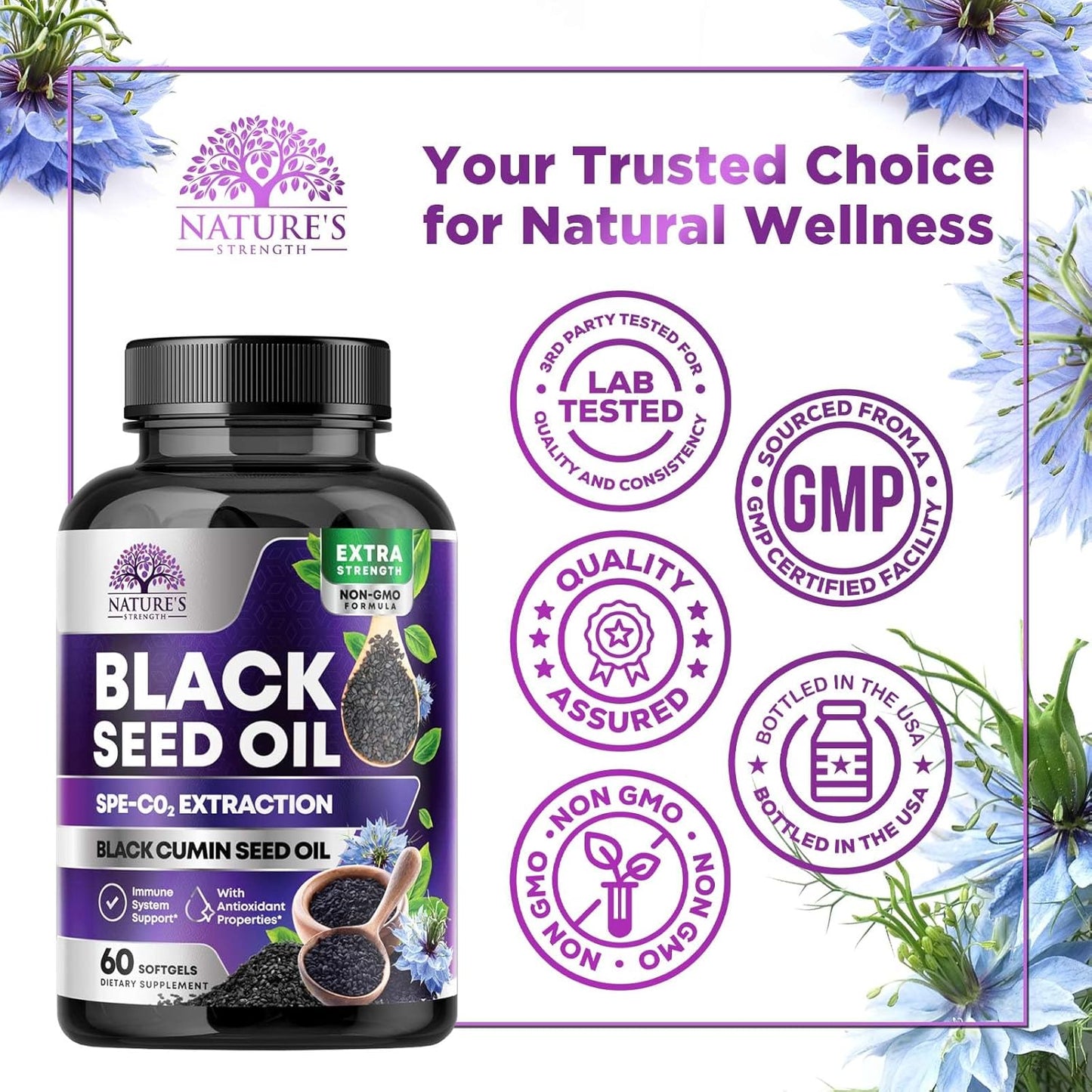 1000mg Vegan Black Seed Oil Capsules for Skin & Immune Support - Pure Nigella Sativa Extract - 60 Softgels