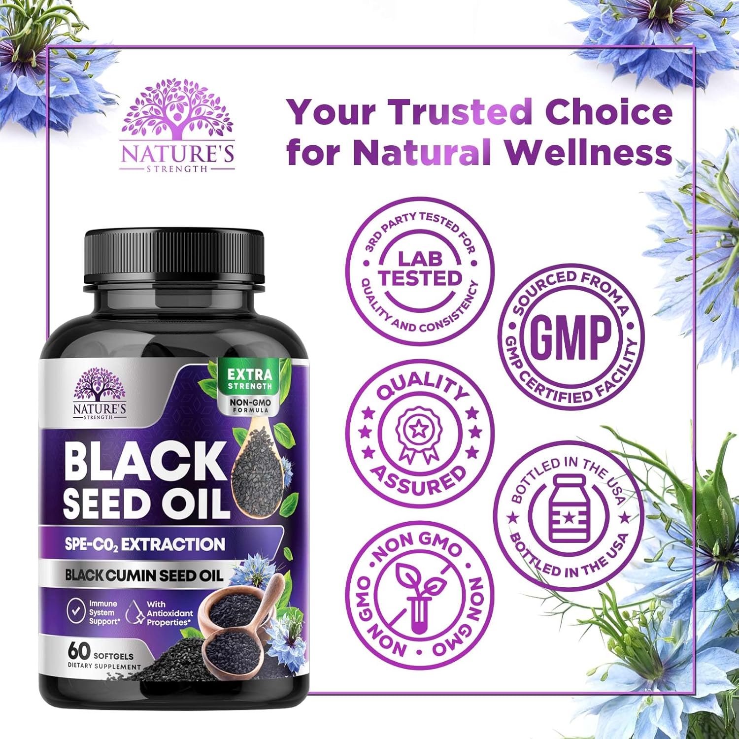 1000mg Vegan Black Seed Oil Capsules for Skin & Immune Support - Pure Nigella Sativa Extract - 60 Softgels