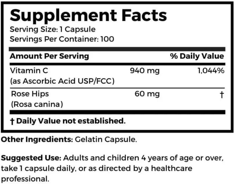 1000mg Vitamin C with Rose HIPS Supplement - 100 Gelatin Capsules for Immune Support & Antioxidant Protection