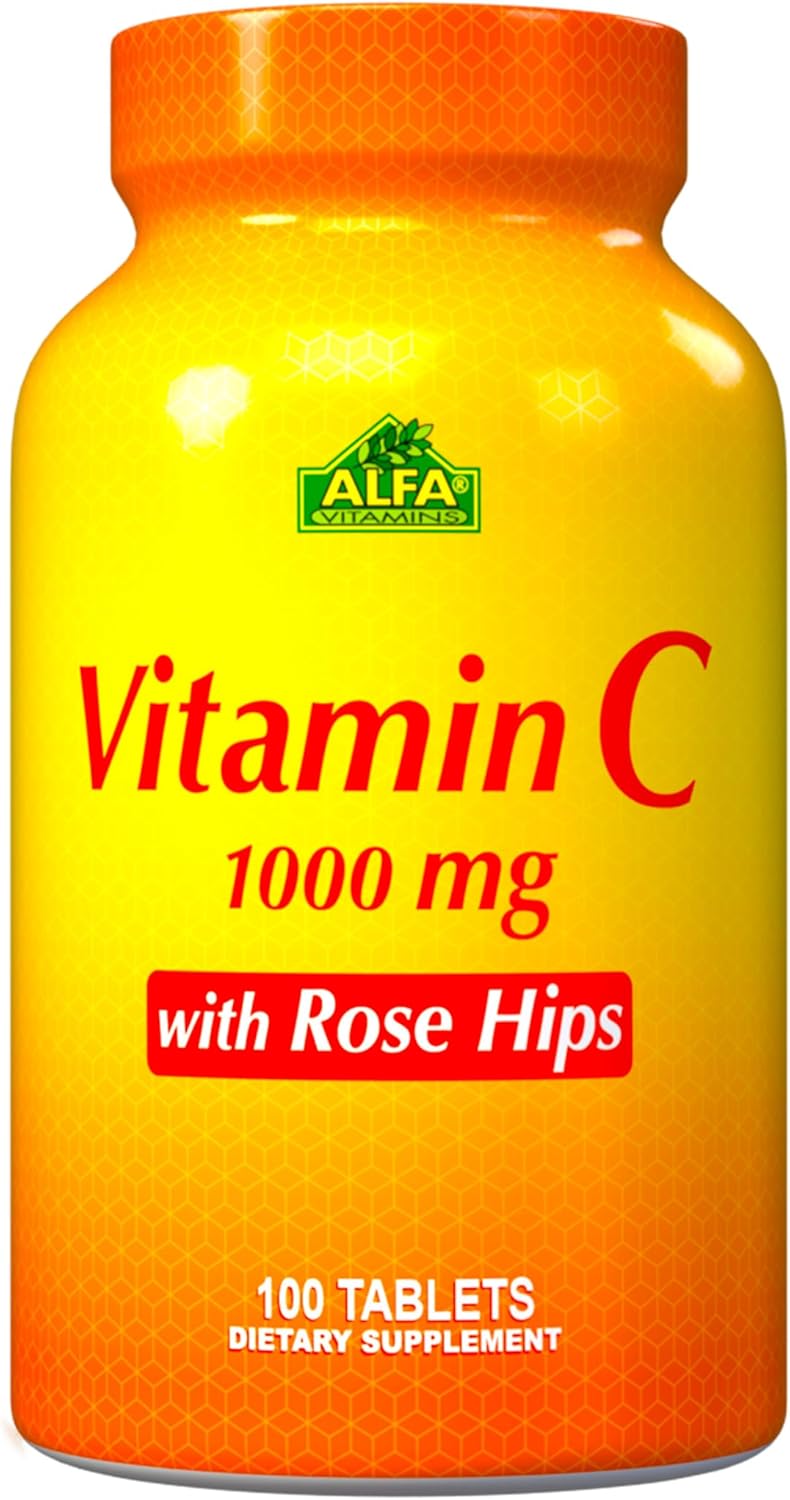 1000mg Vitamin C with Rose HIPS Tablets - Antioxidant & Immune Support for Healthy Skin & Joints - Non GMO, Vegan, Gluten Free