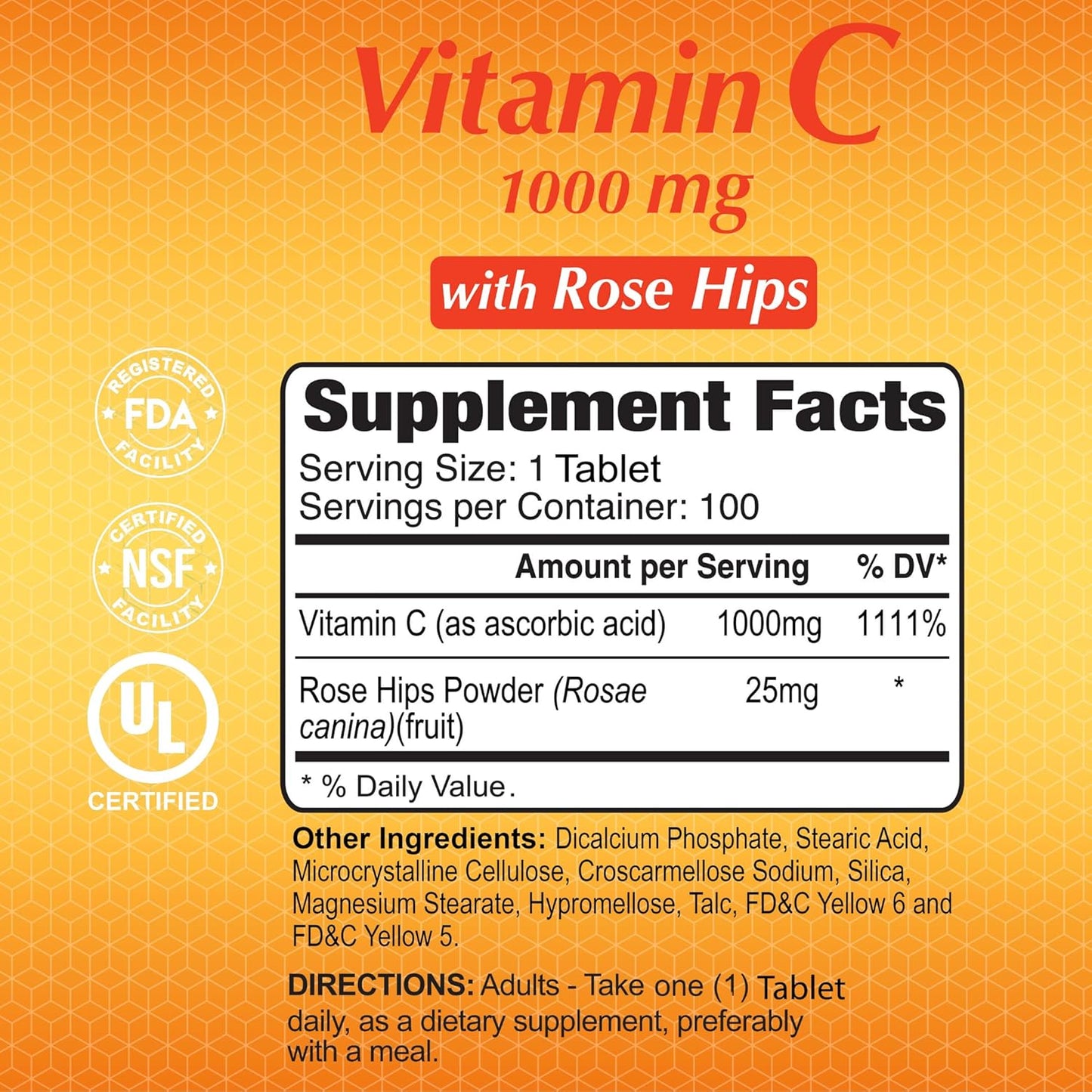 1000mg Vitamin C with Rose HIPS Tablets - Antioxidant & Immune Support for Healthy Skin & Joints - Non GMO, Vegan, Gluten Free