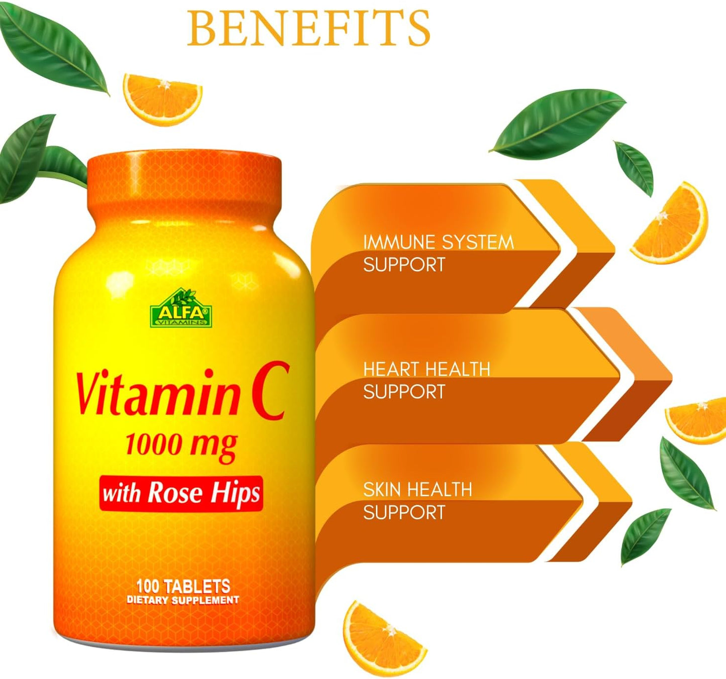 1000mg Vitamin C with Rose HIPS Tablets - Antioxidant & Immune Support for Healthy Skin & Joints - Non GMO, Vegan, Gluten Free