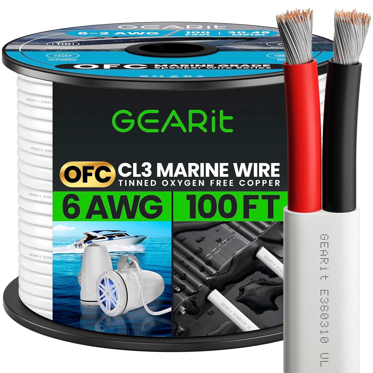 100ft GEARit 6 Gauge Marine Wire - 6/2 AWG Duplex 2-Conductor Cable - Tinned OFC Copper - Boat/Automotive/RV/Trailer/Solar - White