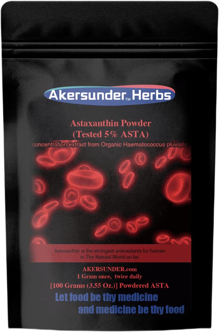 100g Akersunder Pure Haematococcus pluvialis Extract Powder, Astaxanthin > 5%, Antioxidant Supplement