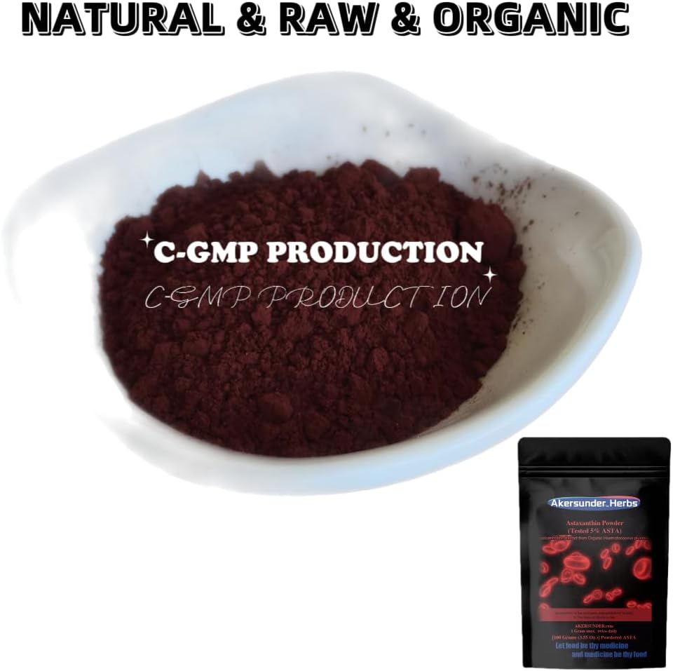 100g Akersunder Pure Haematococcus pluvialis Extract Powder, Astaxanthin > 5%, Antioxidant Supplement