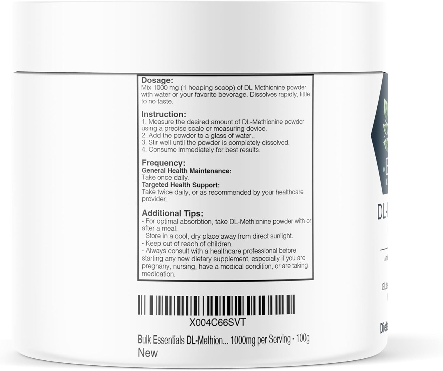 100g Bulk DL-Methionine Powder - Essential Amino Acid & Choline Supplement - 1000mg per Serving