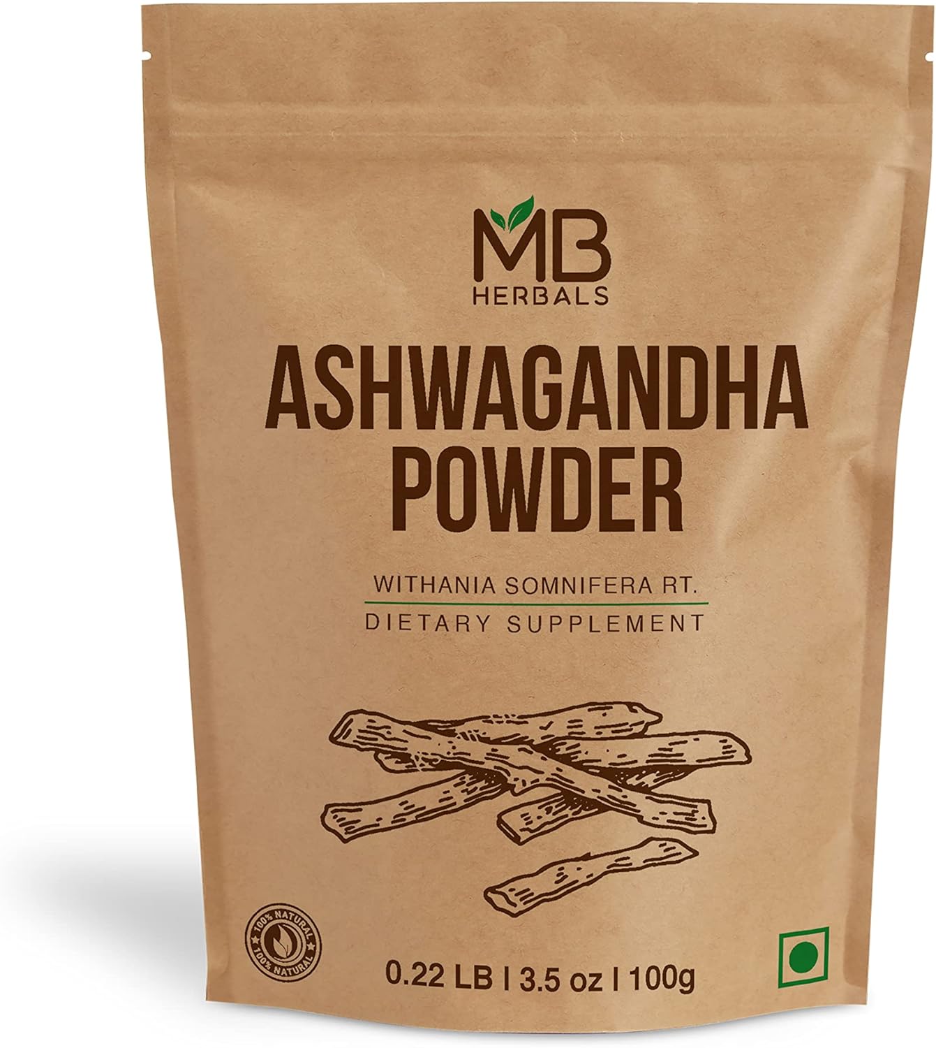 100g MB Herbals Pure Ashwagandha Powder - Lab Tested Indian Ginseng Withania somnifera Root Powder - No Preservatives