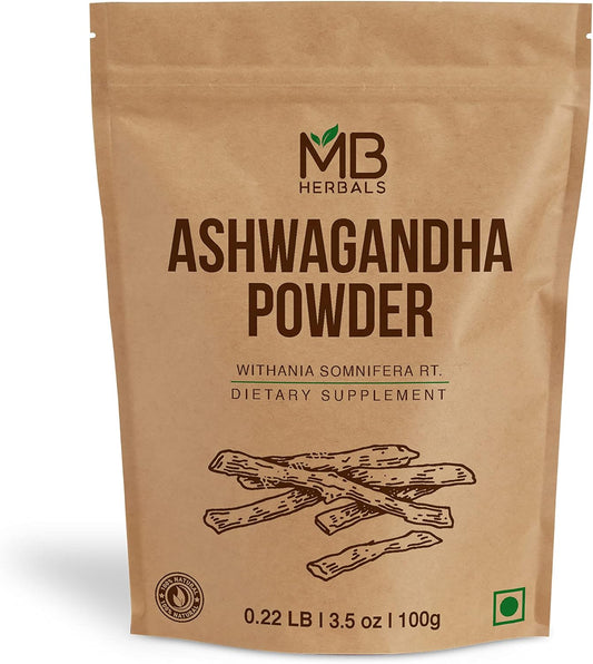 100g MB Herbals Pure Ashwagandha Powder - Lab Tested Indian Ginseng Withania somnifera Root Powder - No Preservatives