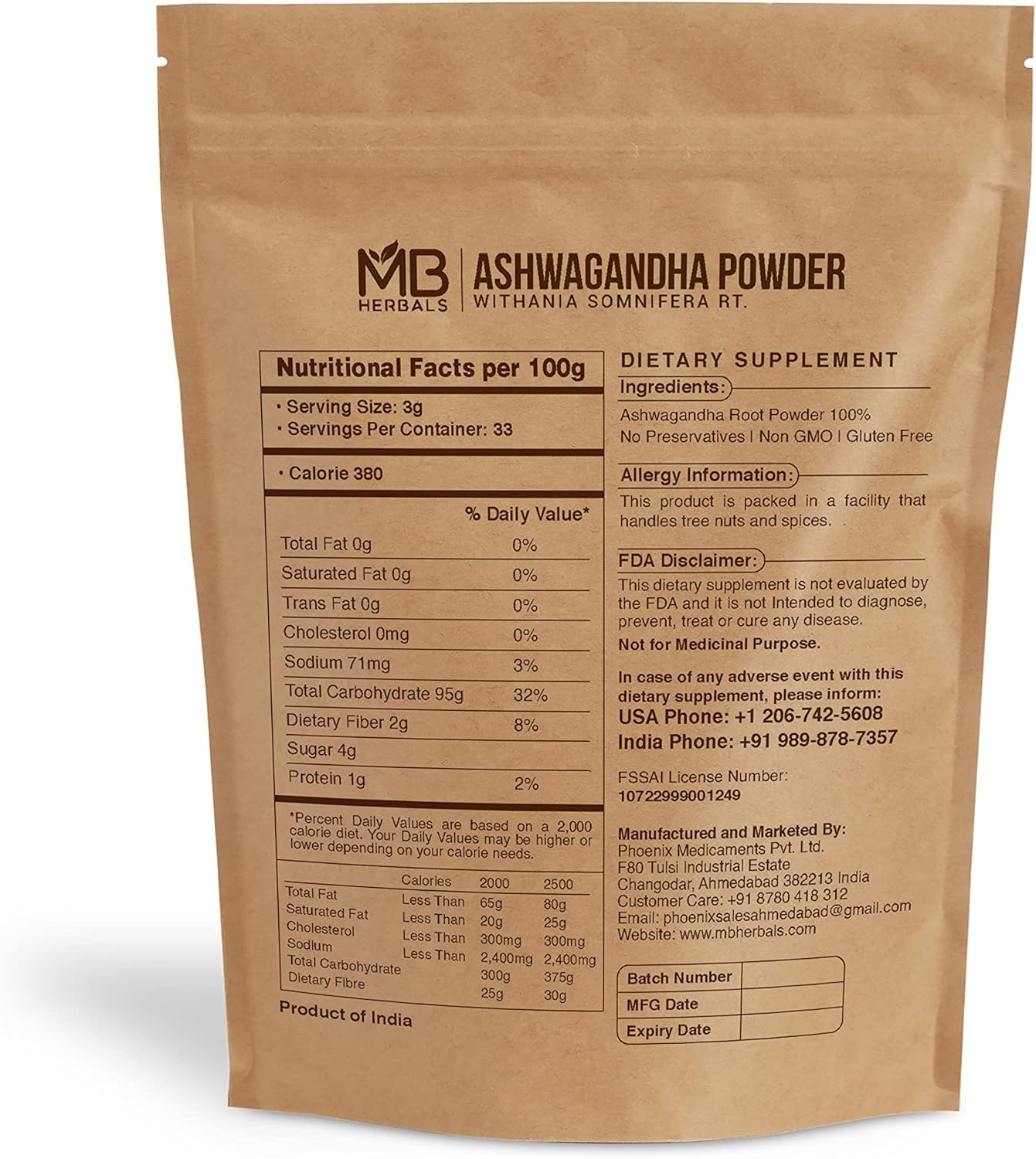 100g MB Herbals Pure Ashwagandha Powder - Lab Tested Indian Ginseng Withania somnifera Root Powder - No Preservatives