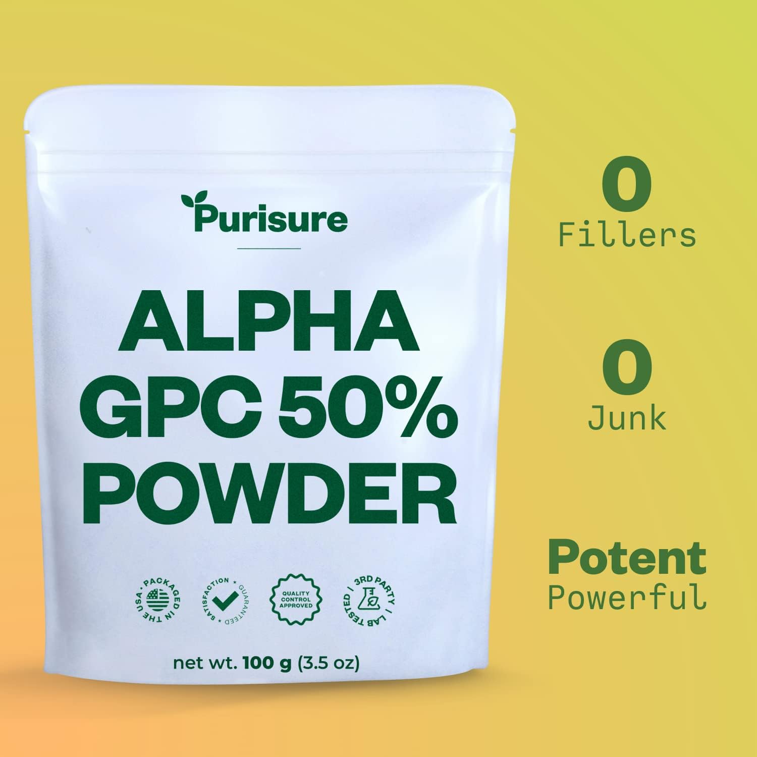 100g Purisure Alpha GPC 50% Powder: Pure Choline Supplement for Brain Focus, Memory, & Concentration - Non-GMO, 167 Servings