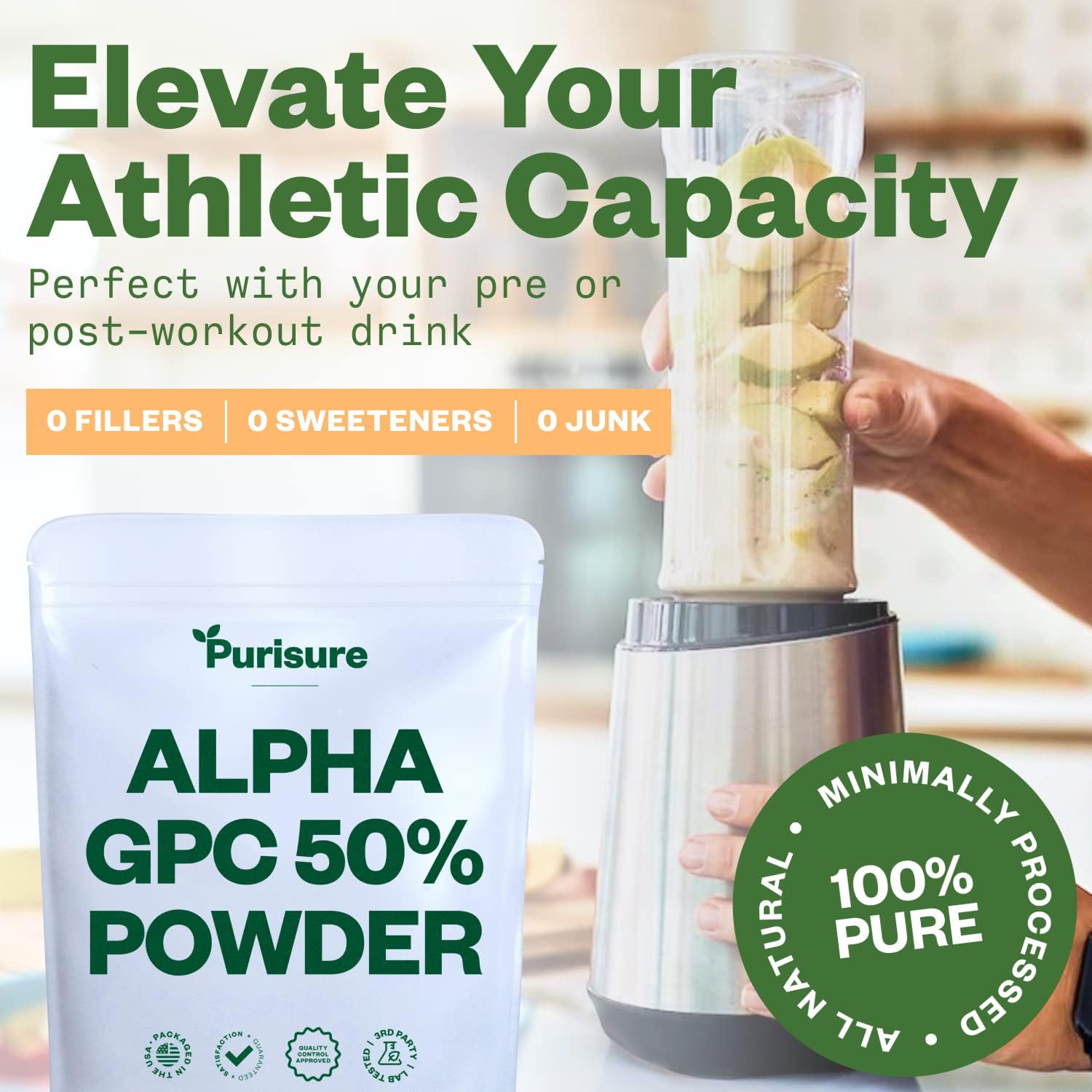 100g Purisure Alpha GPC 50% Powder: Pure Choline Supplement for Brain Focus, Memory, & Concentration - Non-GMO, 167 Servings