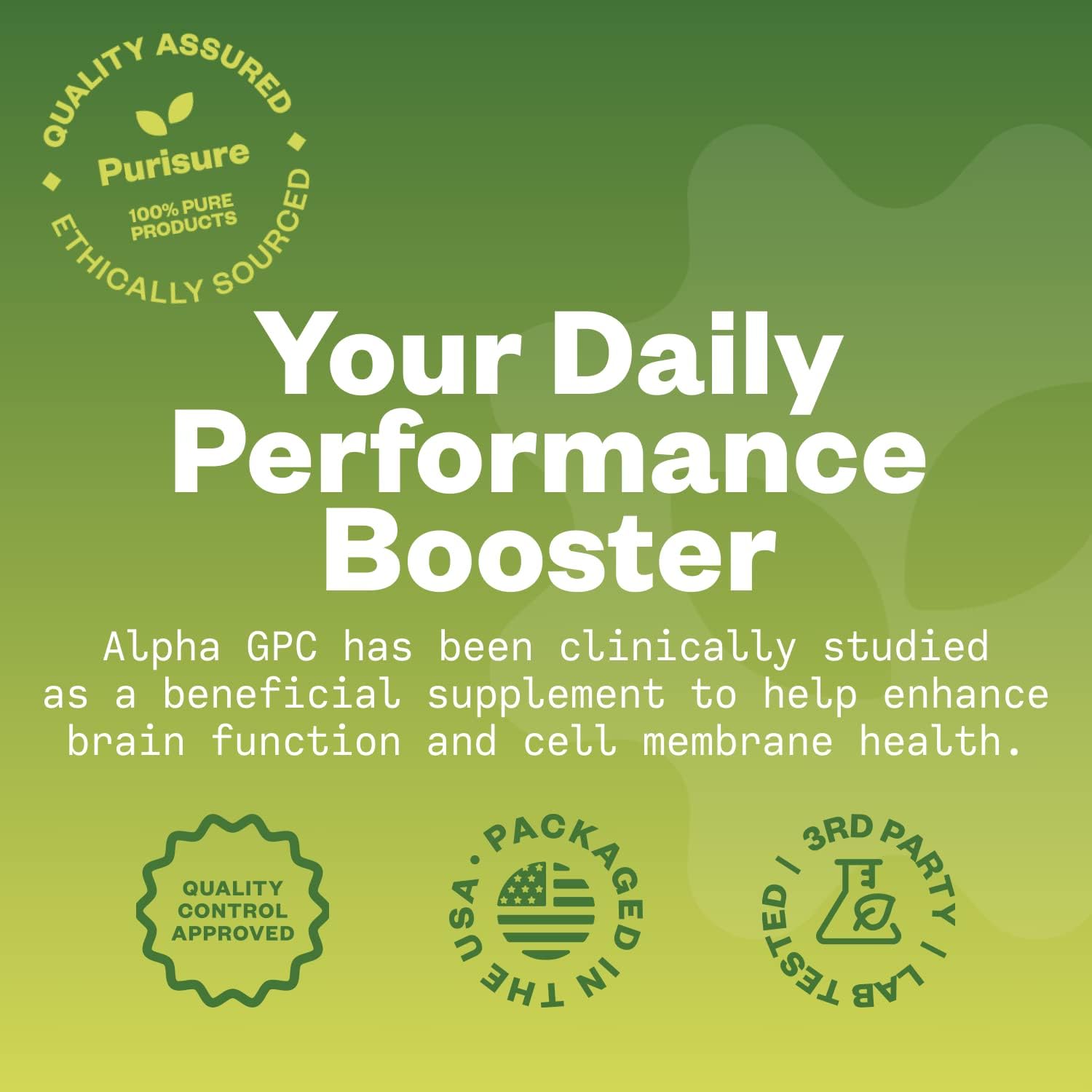 100g Purisure Alpha GPC 50% Powder: Pure Choline Supplement for Brain Focus, Memory, & Concentration - Non-GMO, 167 Servings