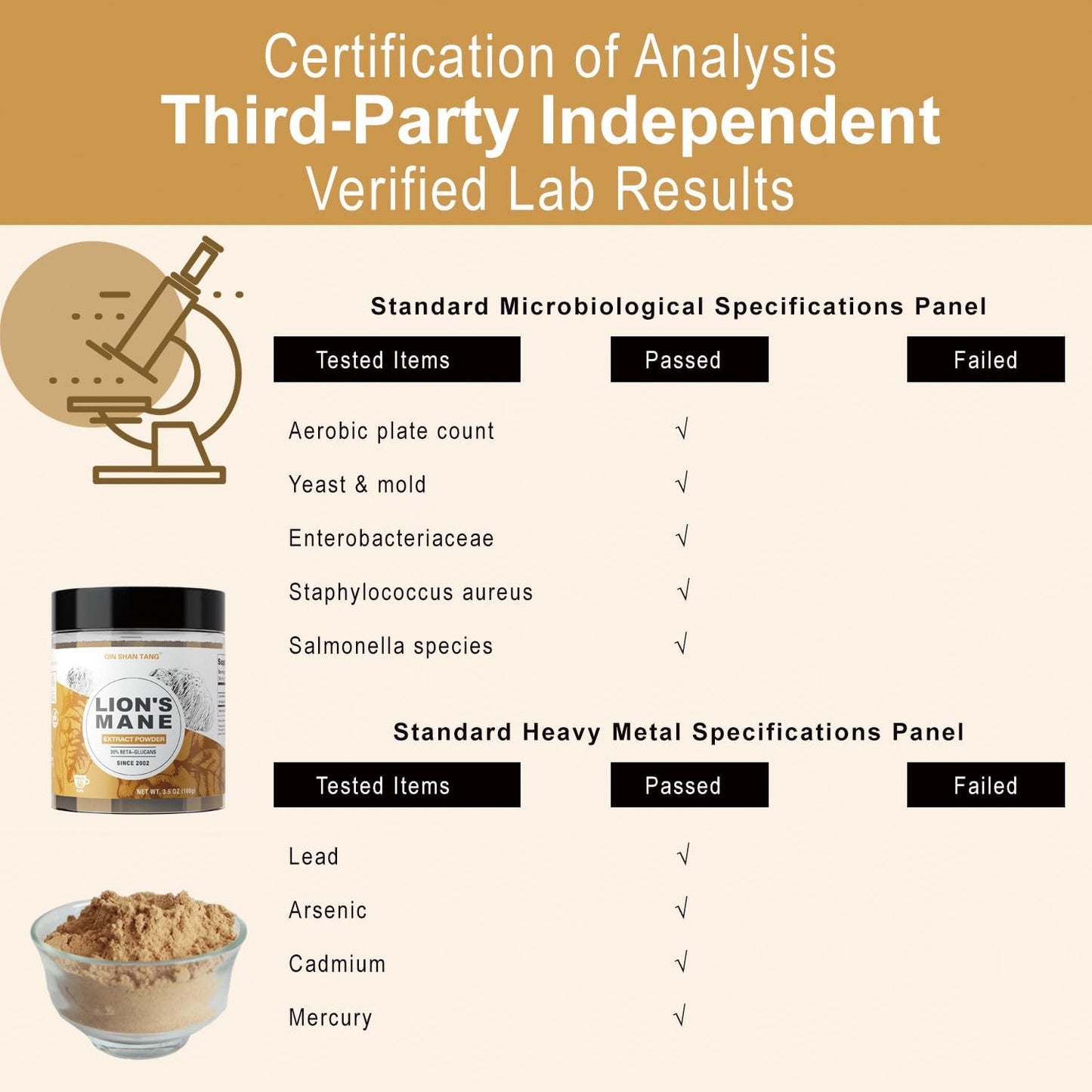 100g QIN SHAN TANG Lion's Mane Mushroom Powder Extract with 30% Beta-glucans - Brain Supplement for Memory and Focus