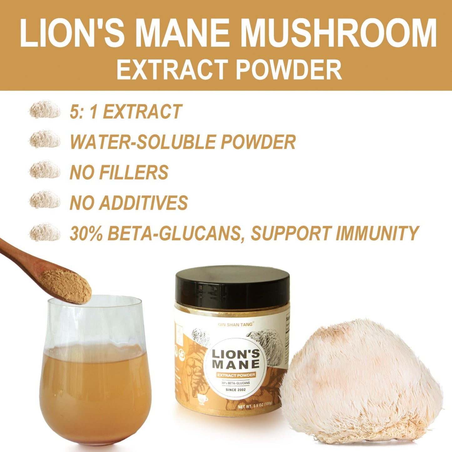 100g QIN SHAN TANG Lion's Mane Mushroom Powder Extract with 30% Beta-glucans - Brain Supplement for Memory and Focus