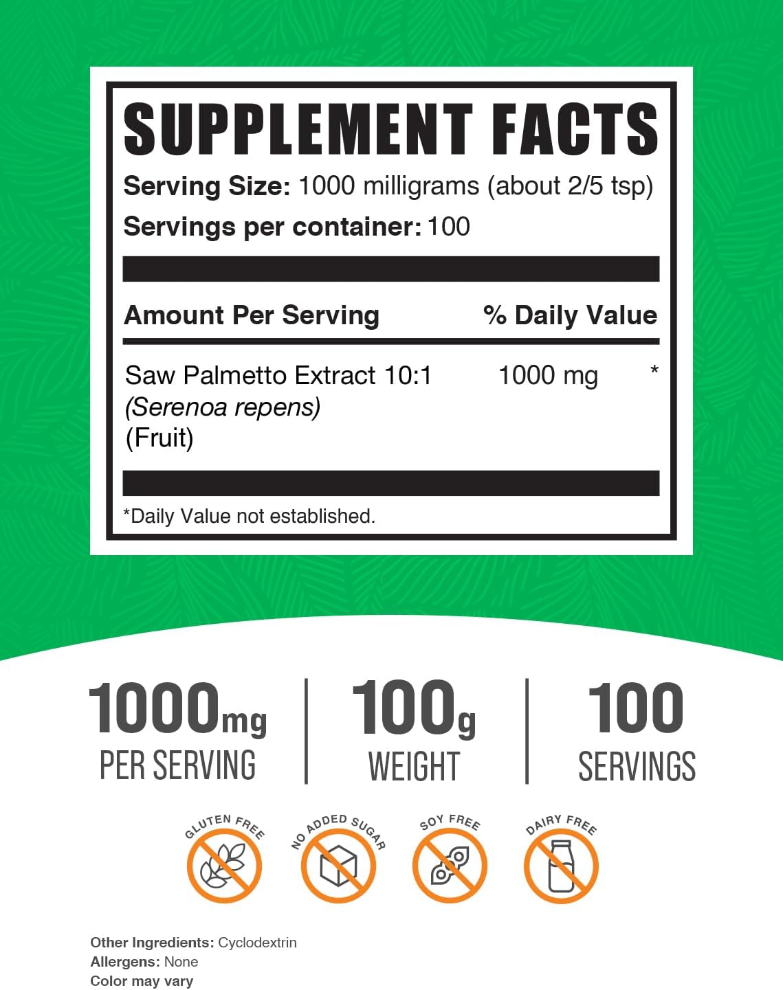 100g Saw Palmetto Extract Powder - Serenoa Repens Supplement, Vegan & Gluten Free - 1000mg per Serving - 3.5 oz