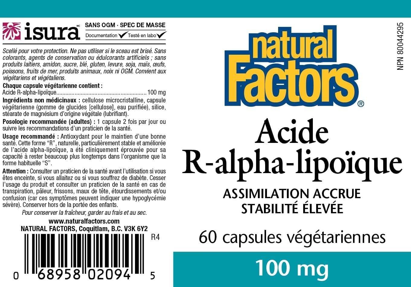 100mg Alpha-lipoic Acid Capsules by Natural Factors - 60 Count