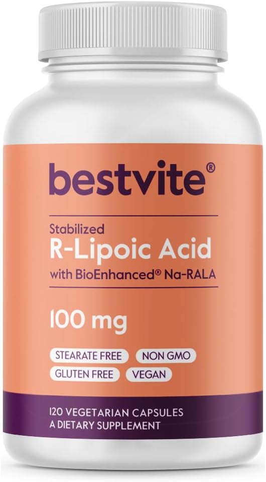 100mg Bestvite R-Lipoic Acid with Bio-Enhanced® Na-RLA - 120 Capsules, Vegan, Non-GMO, Gluten Free