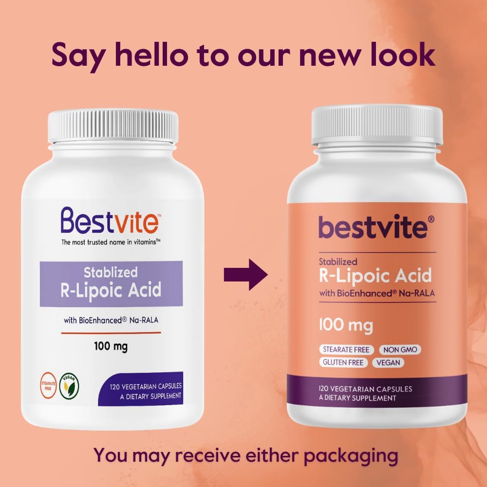 100mg Bestvite R-Lipoic Acid with Bio-Enhanced® Na-RLA - 120 Capsules, Vegan, Non-GMO, Gluten Free