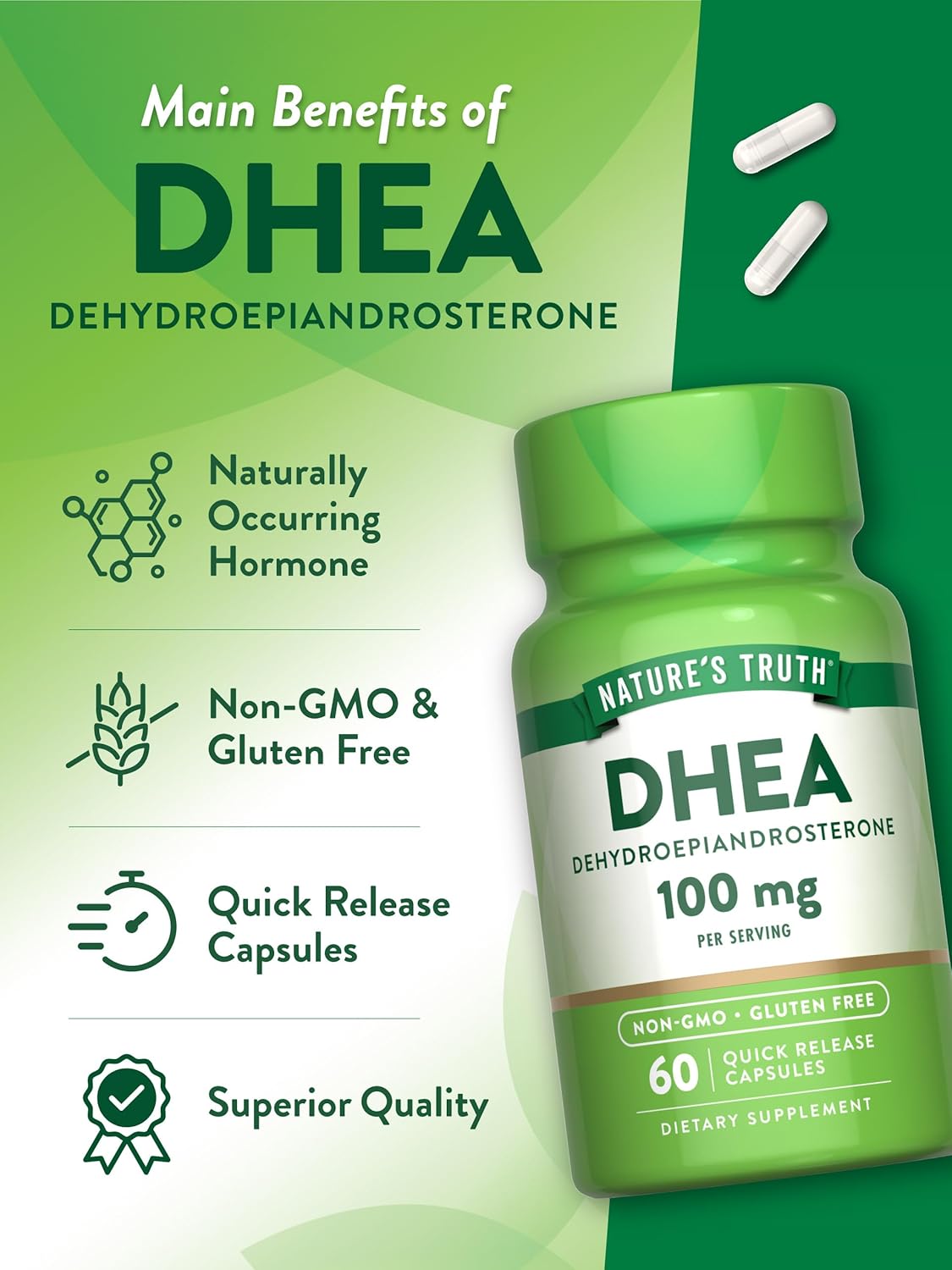 100mg DHEA Capsules - 60 Count | Natural Quick Release Formula | Non-GMO & Gluten-Free