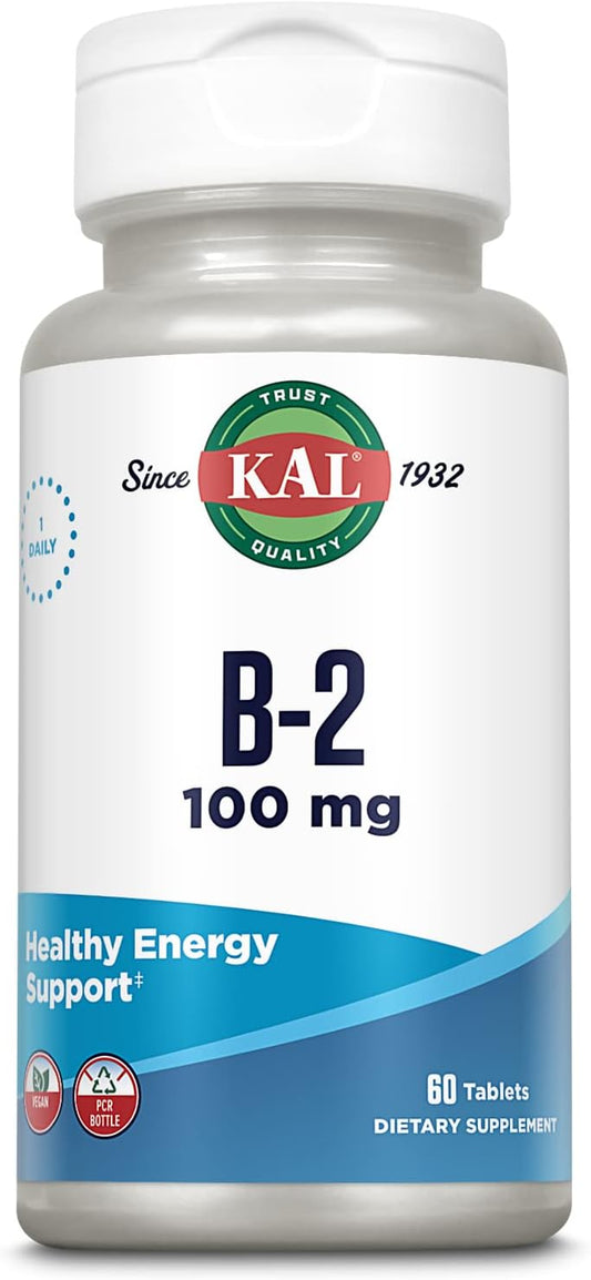 100mg KAL Vitamin B2 Riboflavin Supplement for Energy, Metabolism, and Red Blood Cell Synthesis - Vegan Tablets with Enhanced Absorption - 60 Servings