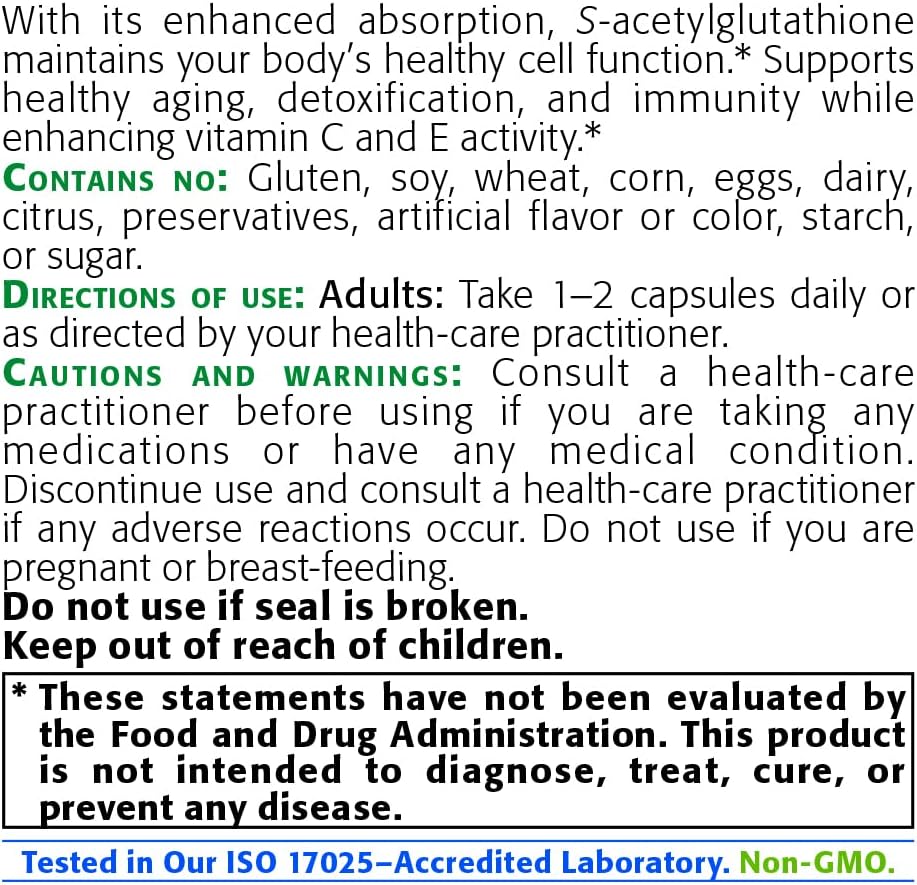 100mg New Roots Herbal S-Acetyl-Glutathione Capsules for Healthy Aging & Immunity Support