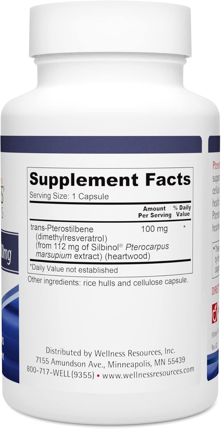 100mg Pterostilbene Capsules for Healthy Aging - Natural Silbinol Source, Non-GMO, Vegan, Soy-Free (60 Count)