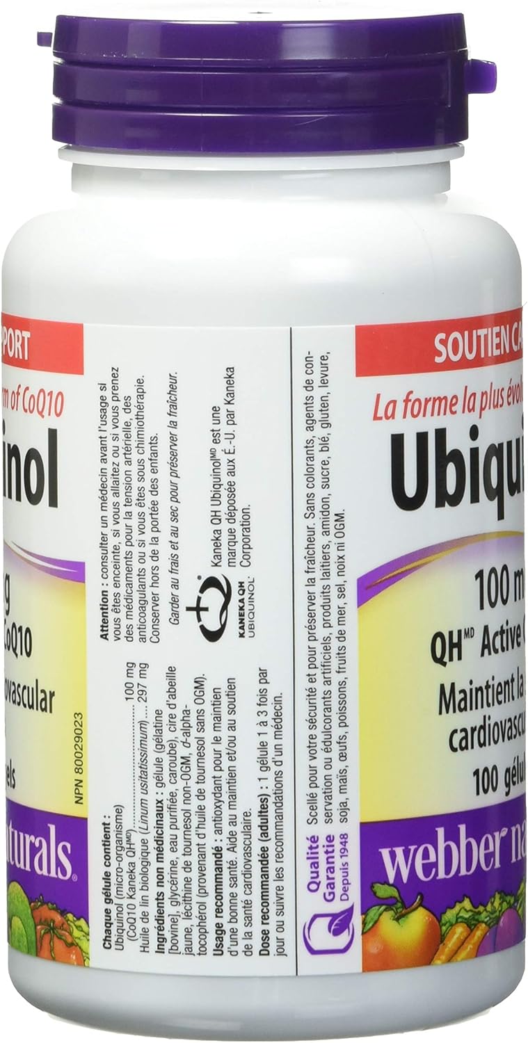 100mg Ubiquinol QH Active CoQ10 Softgels by Webber Naturals - 100 Count