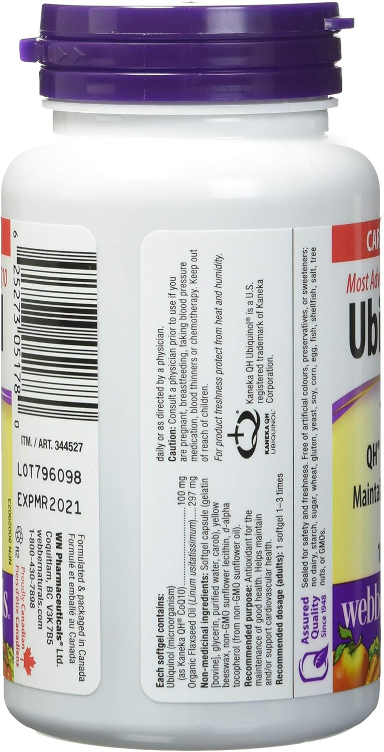 100mg Ubiquinol QH Active CoQ10 Softgels by Webber Naturals - 100 Count