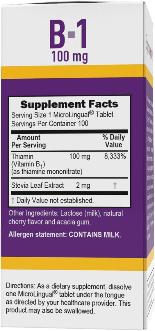 100mg Vitamin B1 Sublingual Tablets for Increased Metabolism and Energy, 100 Count - Nervous System Support, Non-GMO