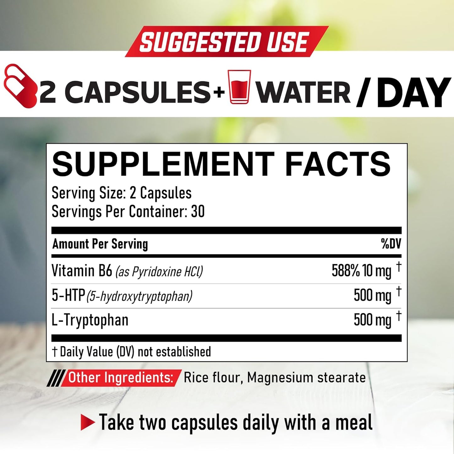 1010mg 5 HTP Supplement with Vitamin B6 and L-Tryptophan - 60 Capsules for Mood, Brain, Body & Immune System Support