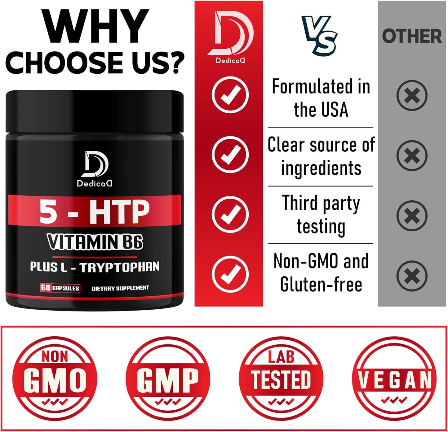 1010mg 5 HTP Supplement with Vitamin B6 and L-Tryptophan - 60 Capsules for Mood, Brain, Body & Immune System Support