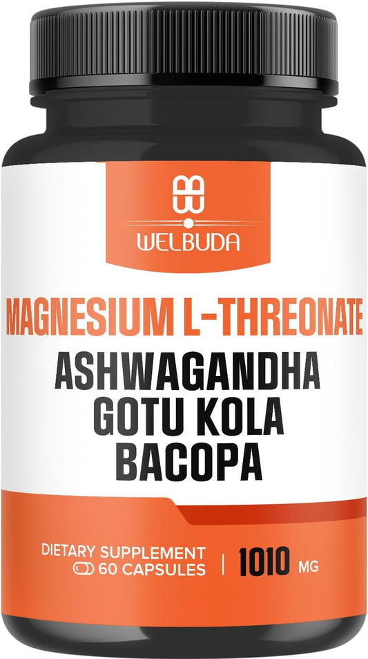 1010mg Magnesium L-Threonate Capsules with Ashwagandha & Gotu Kola - Brain Health & Mood Support - 60 Capsules