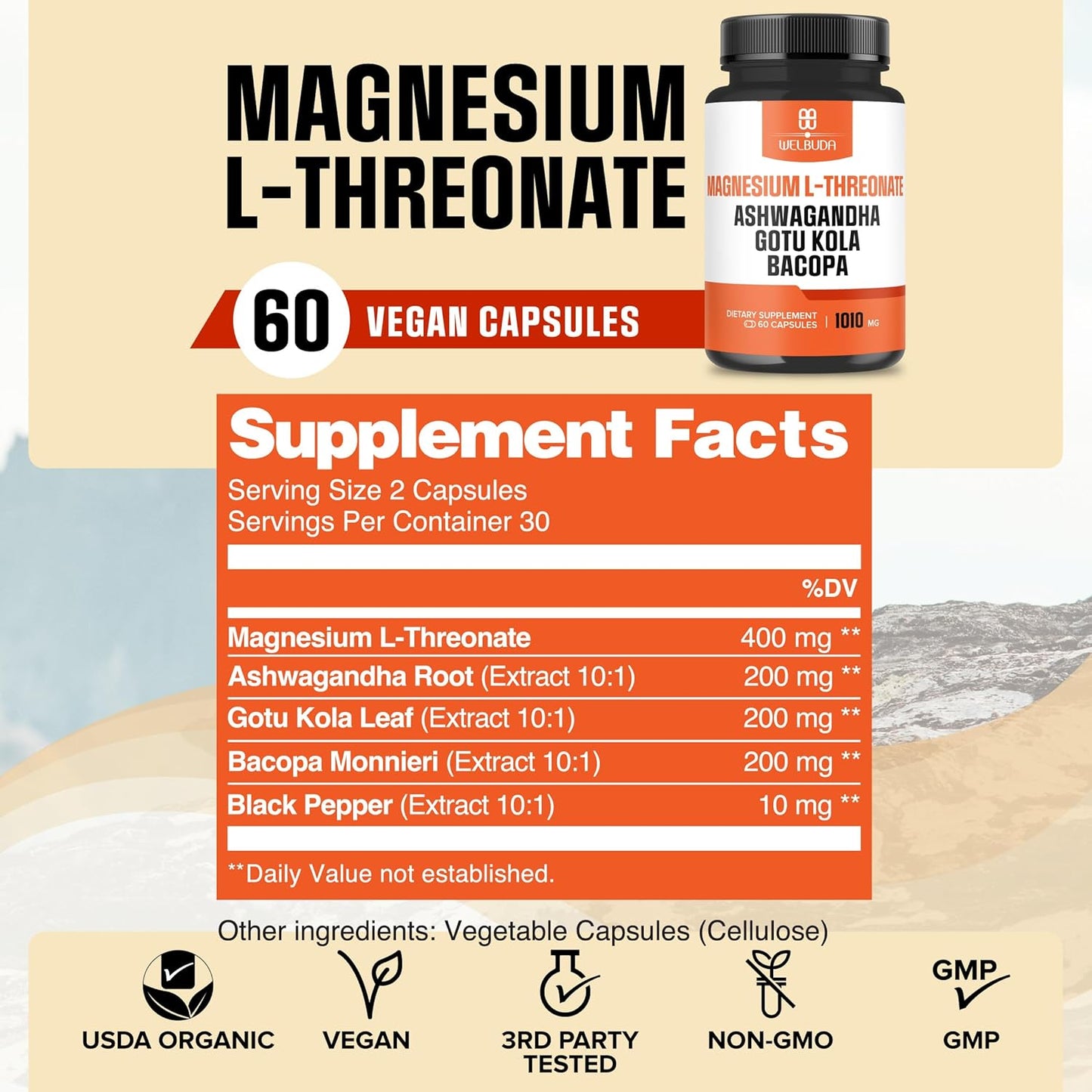1010mg Magnesium L-Threonate Capsules with Ashwagandha & Gotu Kola - Brain Health & Mood Support - 60 Capsules