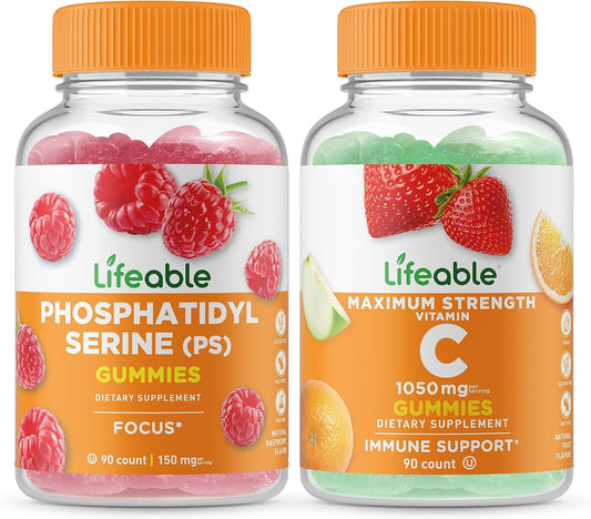 1050mg Phosphatidylserine (PS) + Vitamin C Gummies Bundle - Gluten Free, GMO Free, Chewable Vitamin Supplement with Great Taste