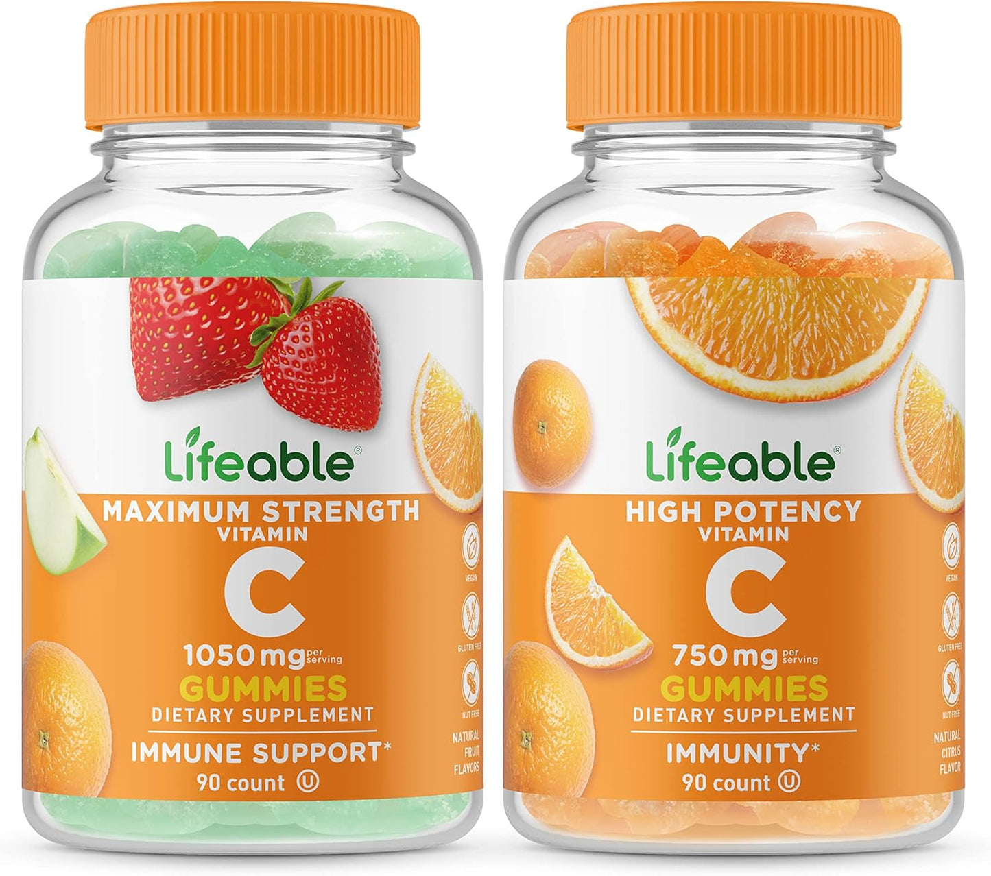 1050mg Vitamin C + 750mg Vitamin C Gummies Bundle - Tasty Supplement, Gluten & GMO Free Chewables