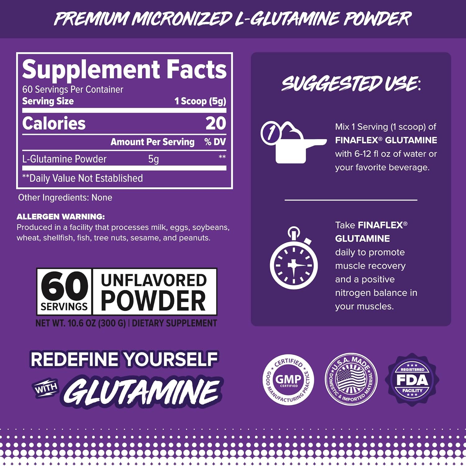10.6 oz Pure L-Glutamine Powder for Ultimate Muscle Recovery - Supports Nitrogen Levels - Reduces Muscle Breakdown - 60 Servings