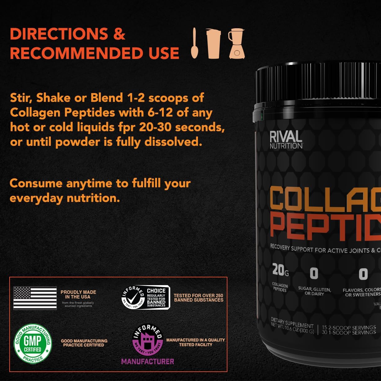 10.6 oz Unflavored Collagen Peptides by Rival Nutrition
